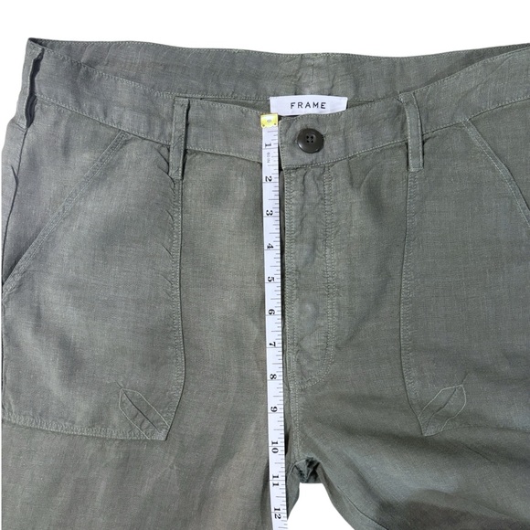 Frame Le Beau 100% Linen Military Green Cropped Pants Button Fly - Picture 11 of 15